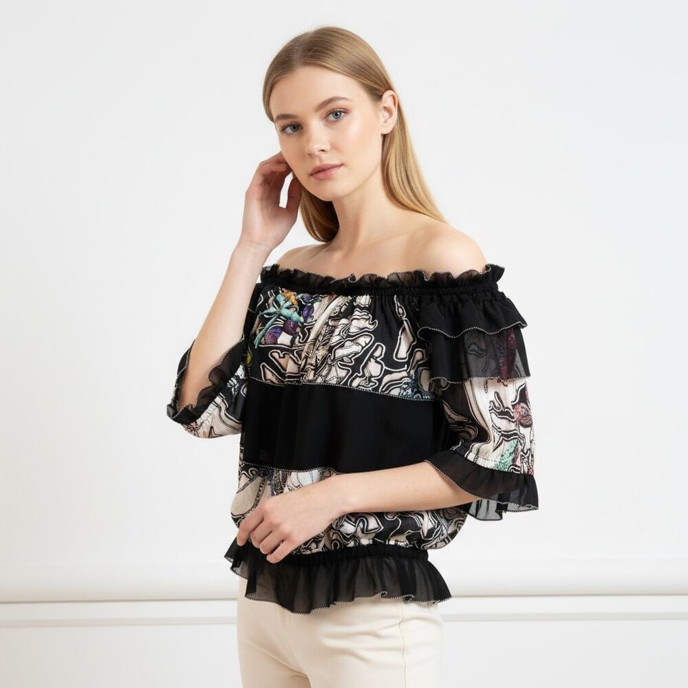 Just Cavalli Blouse Size 42 Off Shoulder Sea Life Print Ruffle Top Italy